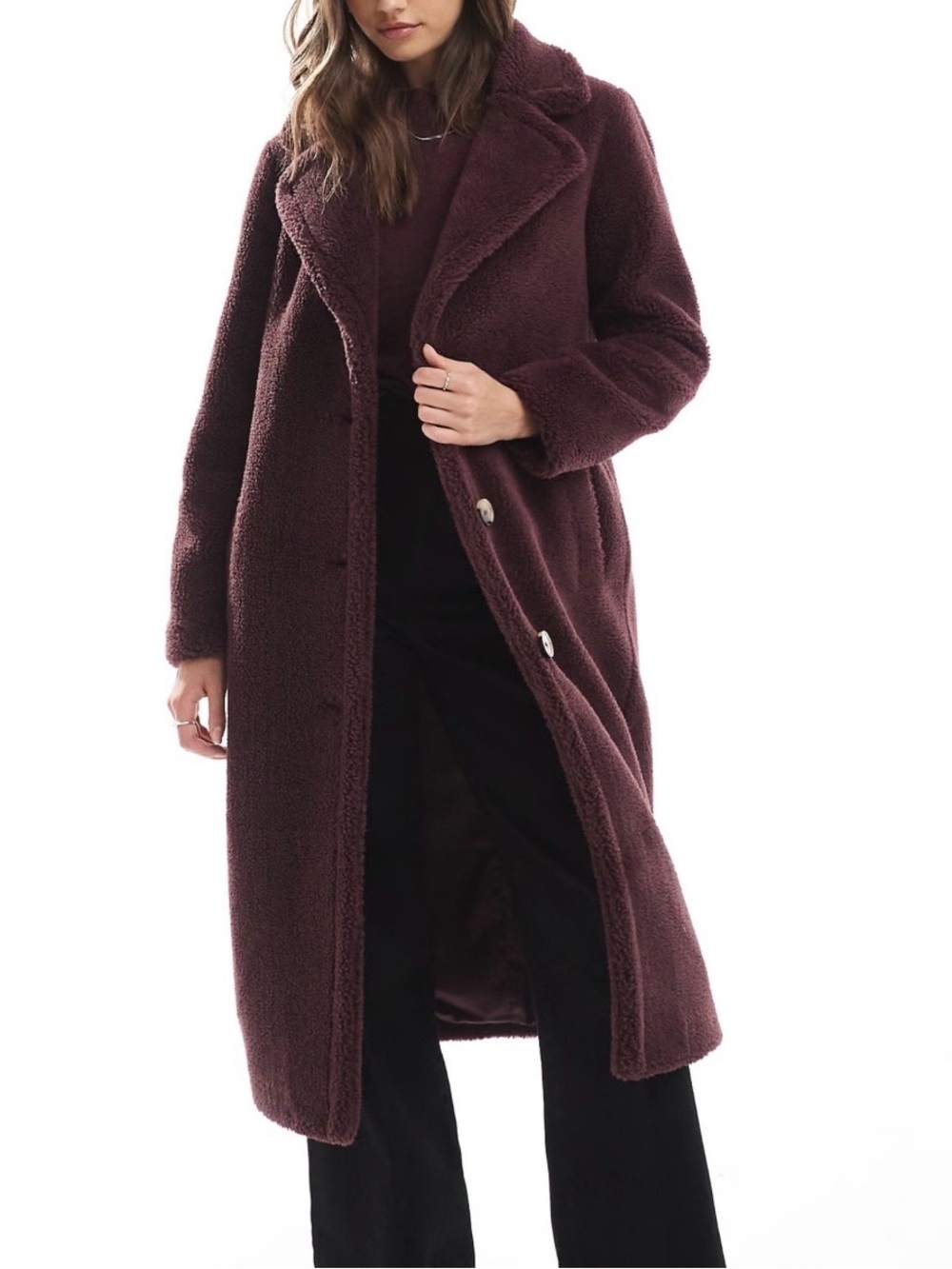 Threadbare maxi borg coat in burgundy